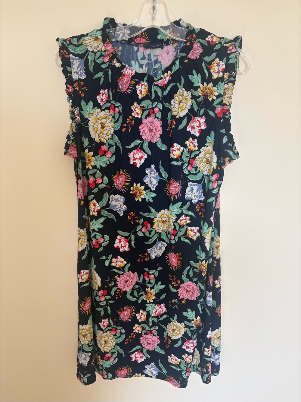 New without Tags Tommy Hilfiger Navy Floral Ruffle-Trim Sleeveless Mini Dress 16